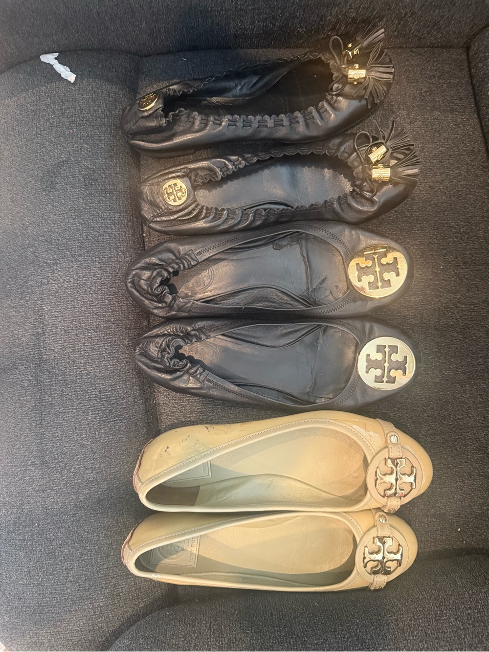 Tory Burch Black and Beige Logo Ballet Flats - 3 pairs